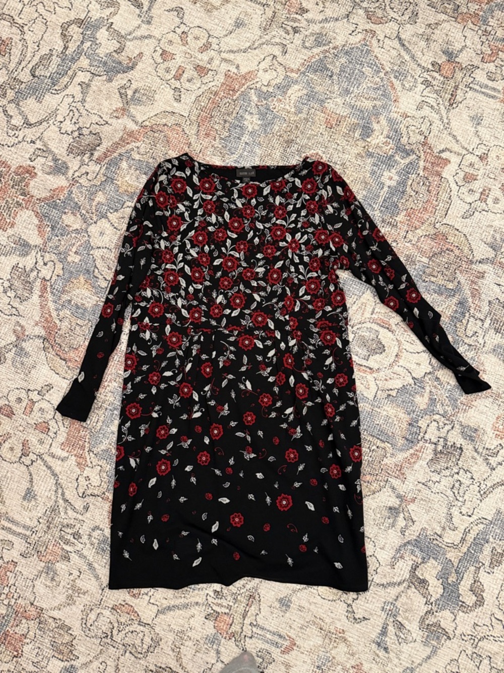 J. Jill Black Long-Sleeve Dress with Red Floral Print